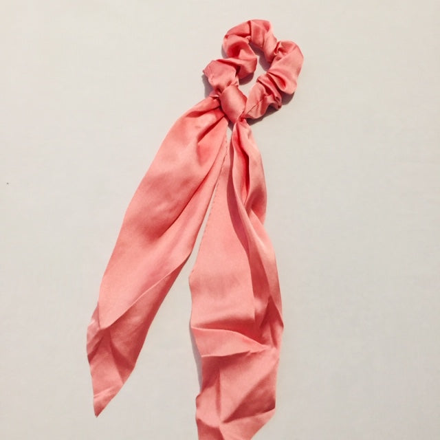 Salmon pink silky scrunchie with tail