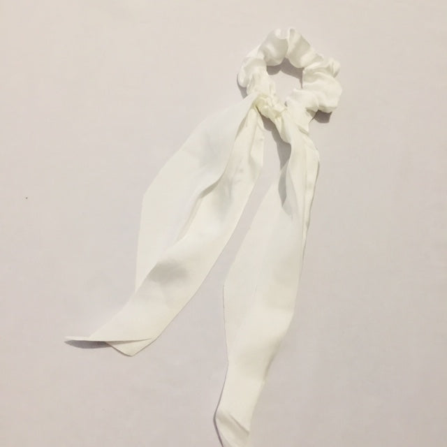 White silky scrunchie with tail