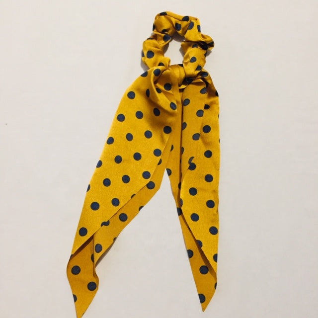 Yellow and grey polka dot silky scrunchie with tail
