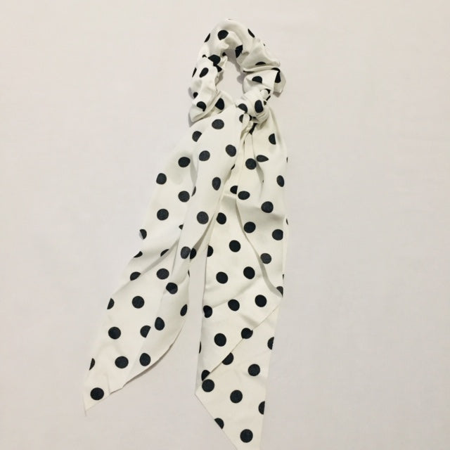 White with black polka dots silky scrunchie with tail