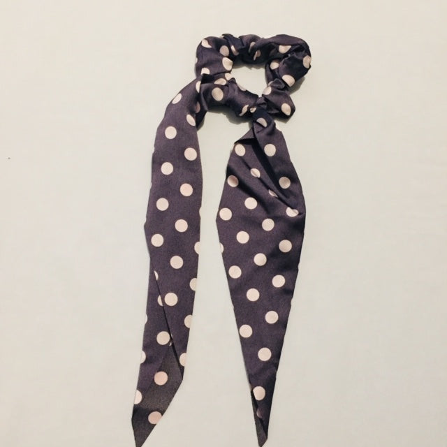 Grey and white polka dots silky scrunchie with tail
