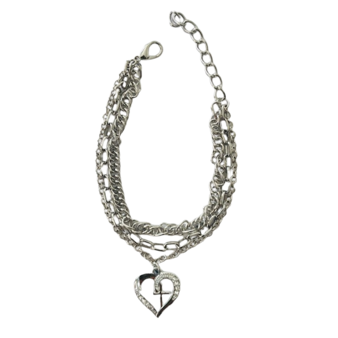 Bracelet, Silver Heart Triple Chain (free gift bag)